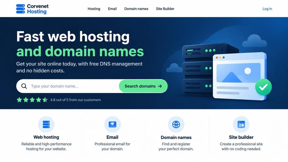 Web hosting website design, hosting and domains with an illustrated server stack: navy hero with a blue glow, white and green headline, a white domain search bar with a green search button, green rating stars, an illustration of server racks beside a browser window with a check mark, four icon cards on white below