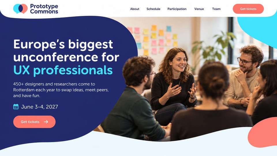 Event website design, uX unconference with a circle of chairs: white header, navy curved panel with a white and cyan headline, coral ticket button, people talking in a circle by a sticky-note wall
