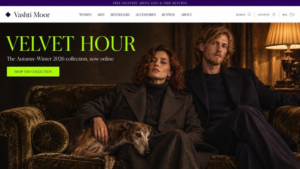Fashion website design, luxury coats for two on a velvet sofa: purple top bar, a lamp-lit room with a woman and a man in dark wool coats on a green velvet sofa with a greyhound, a large lime serif headline and a lime button
