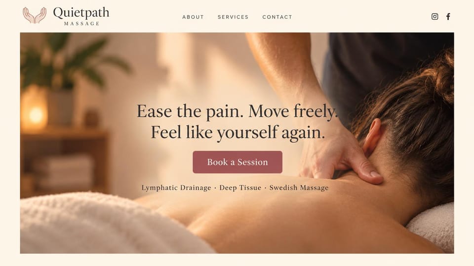 Massage therapist website design, pain relief studio with a framed photo: cream page, a framed warm photo of a neck and shoulder massage, a centered charcoal serif headline and a rose button