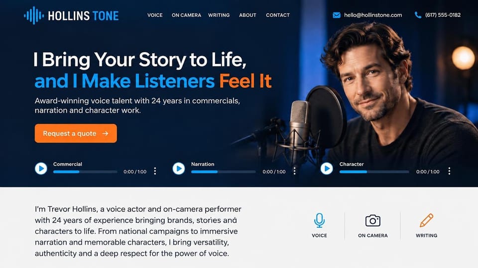 Actor website design, voice, on-camera and writing talent with three demo players: deep navy hero with a white and bright blue headline ending in orange, an orange quote button, a smiling man in a dark tee beside a studio microphone and pop filter, a row of blue audio players, and below it a light gray band with three line icons
