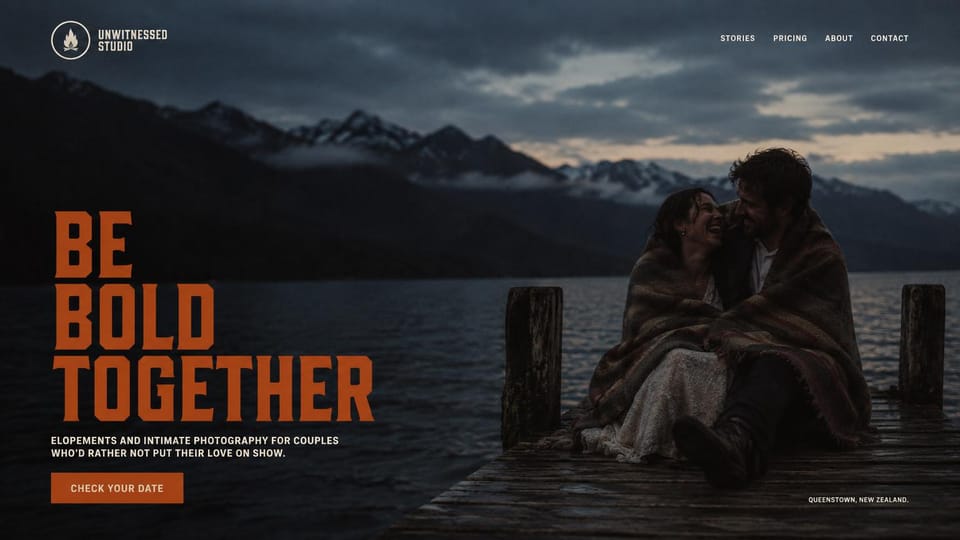 Wedding photographer website design, elopement photographer with bold condensed type: dusk lake with mountains, a couple wrapped in a blanket on a dock, huge orange condensed capitals, orange button