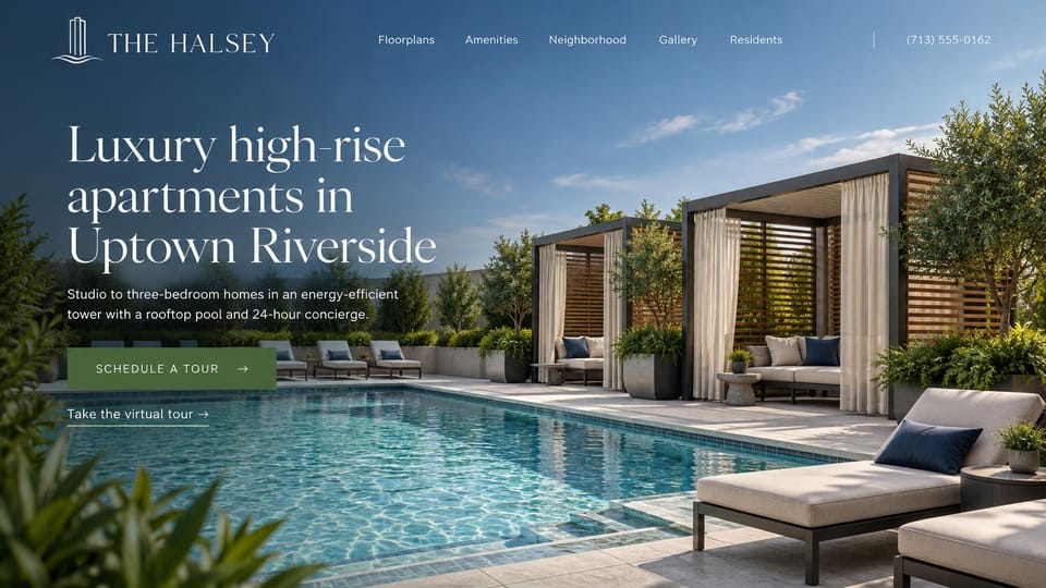 Apartment website design, high-rise apartments with a rooftop pool: a pool deck with curtained cabanas and loungers under a blue sky, large white serif headline at the left, green tour button and a virtual tour link