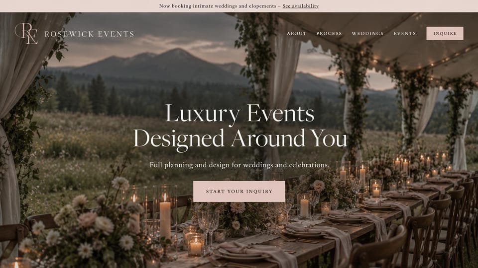 Event planner website design, luxury events in a mountain meadow tent: blush booking bar, open tent with a long table in a mountain meadow, centered serif headline, blush inquiry button