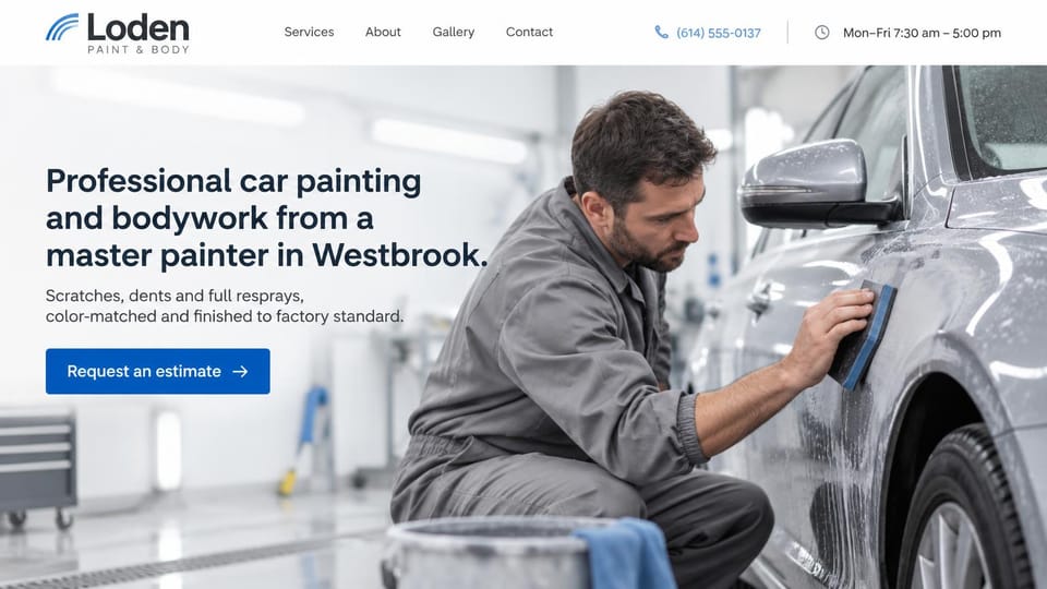 Auto repair website design, paint and body shop led by a master painter: white header with hours and phone, a bright paint booth photo of a technician wet sanding a silver car door, a navy headline and a blue estimate button