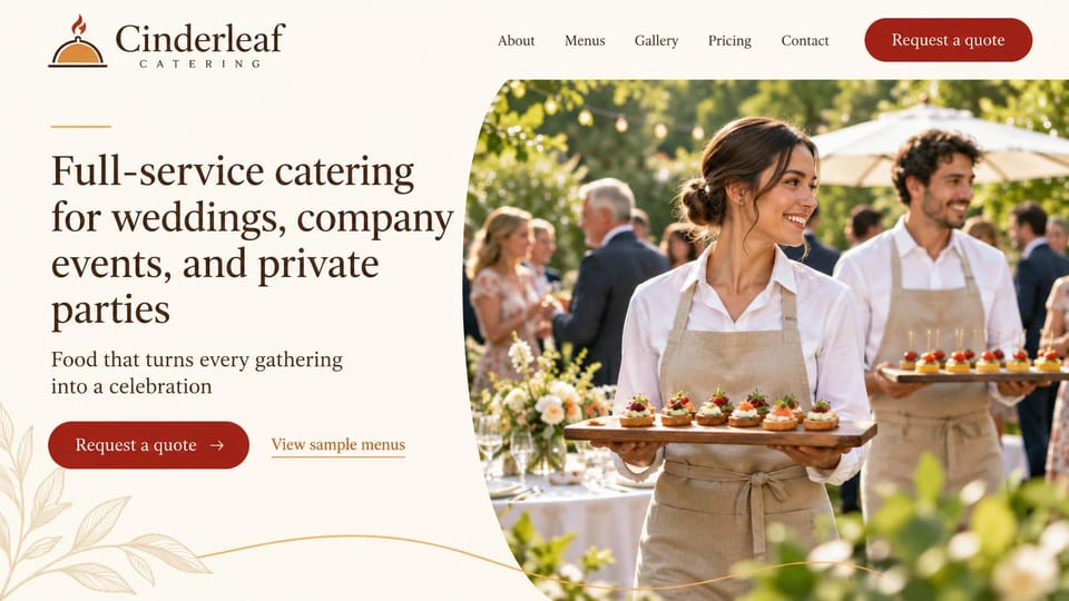 Catering website design, garden party catering with servers passing trays: cream page, a dark brown serif headline, red quote buttons and a curved photo of two servers carrying canapé trays at a garden party