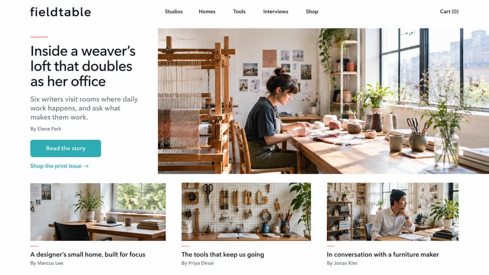 News and magazine website design, home and studio magazine with a sunlit lead story: white page, a lowercase black wordmark, a large photo of a woman weaving in a sunlit loft, a teal button and three photo cards of studios and makers