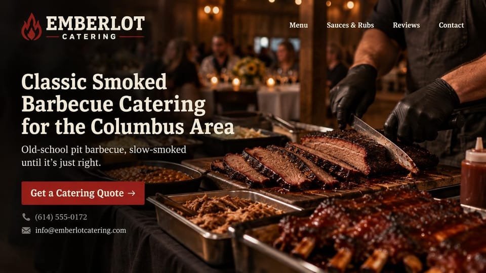 Catering website design, smoked barbecue catering with brisket on the board: a dark, smoky photo of gloved hands slicing brisket over ribs, pulled pork and beans in front of a barn reception, with a large cream serif headline, a red flame logo and a deep red quote button