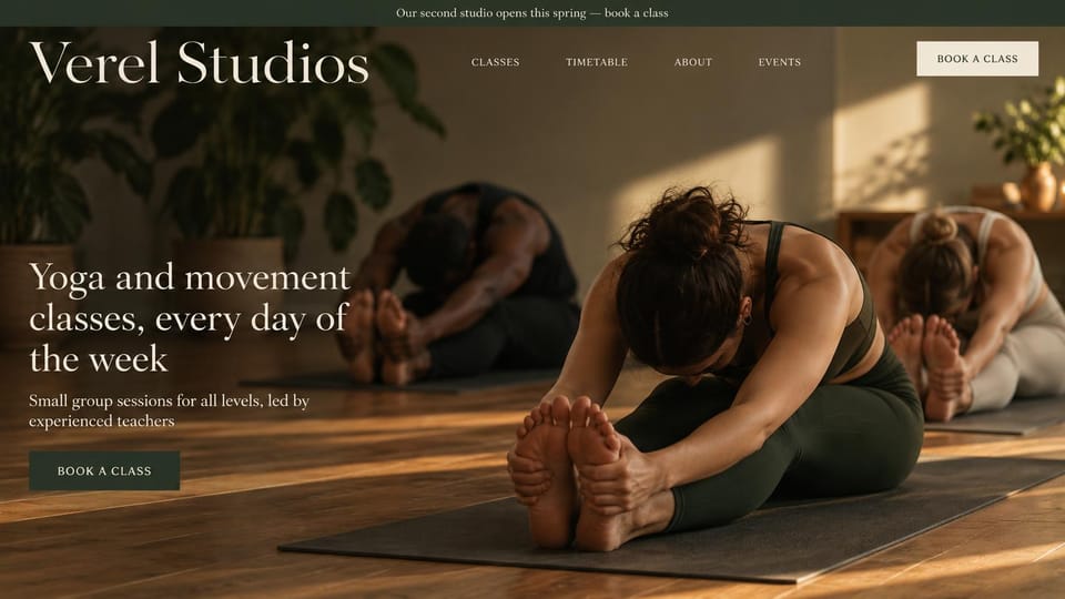 Yoga studio website design, small-group studio in warm low light: a class in seated forward folds in warm light, a large cream serif name, a dark green bar and buttons