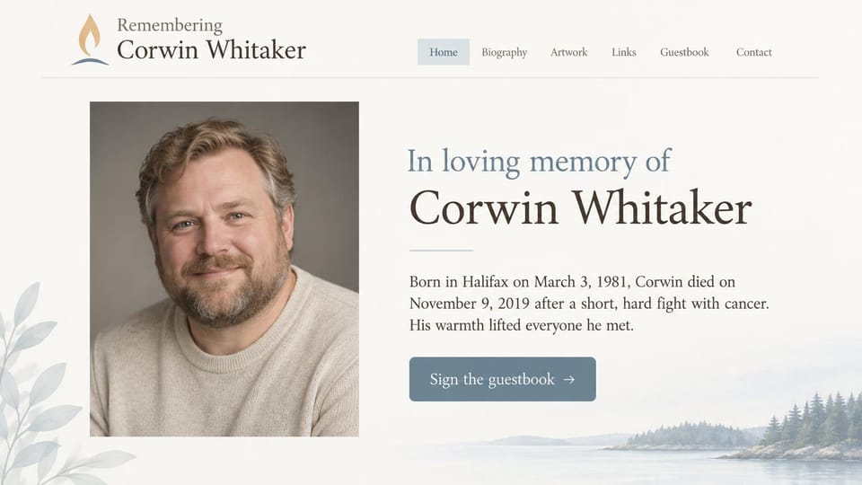 Memorial website design, tribute with his artwork and a guestbook: cream page, a blue-gray and dark brown serif name beside a portrait of a smiling bearded man in a cream sweater, a slate blue guestbook button and a watercolor shoreline