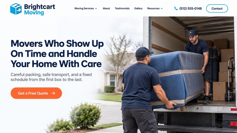 Moving company website design, careful home movers with one big quote button: white page, a navy headline, an orange quote button, two movers in navy loading a padded sofa into a box truck