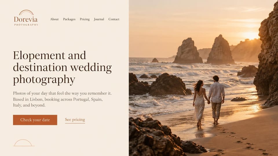 Wedding photographer website design, elopement and destination photographer with a beach split: cream left panel with a copper arc logo, a dark serif headline and a rust button, a couple walking a sunset beach between rock stacks on the right
