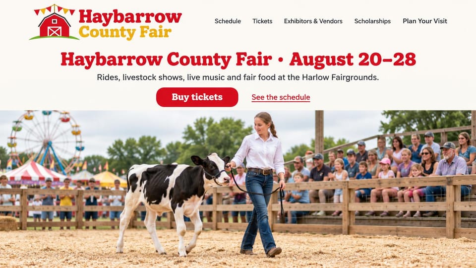 Event website design, county fair with a young exhibitor and her calf: white page, red headline and button, a girl leading a calf around a show ring with a ferris wheel behind