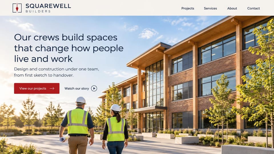 Construction website design, design-build crews walking up to a timber building: white header, two builders in hard hats and vests walking toward a timber and brick building in low sun, a dark sans headline and a red button