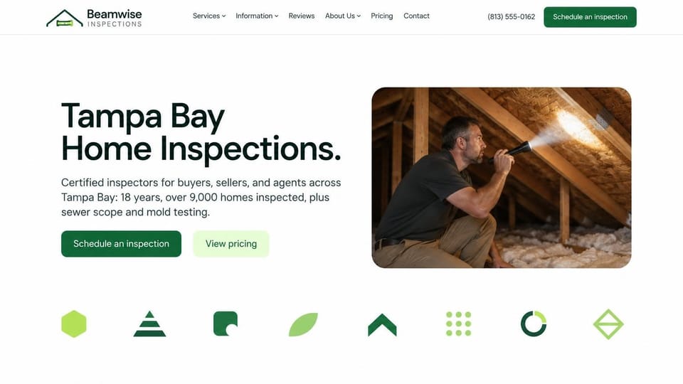 Home inspector website design, attic flashlight check with a row of green icons: white page, large dark green headline, a green schedule button and a pale green pricing button, a rounded photo of an inspector shining a flashlight across attic rafters, a row of green geometric icons