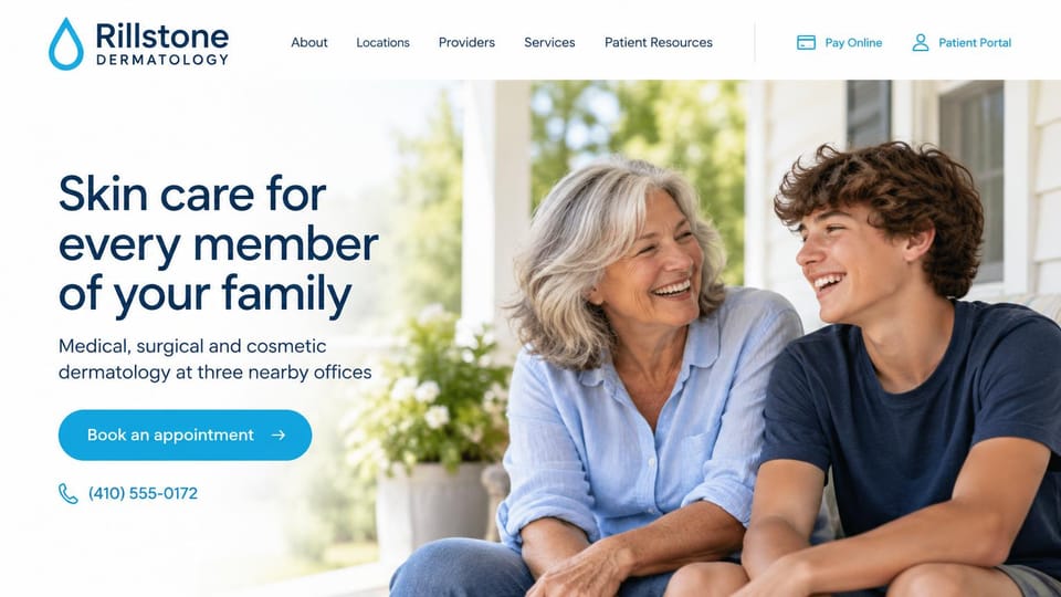 Medical practice website design, family dermatology on a sunny porch: white page, a navy sans headline, blue book button and phone link beside a gray-haired woman and a teenage boy laughing on a porch