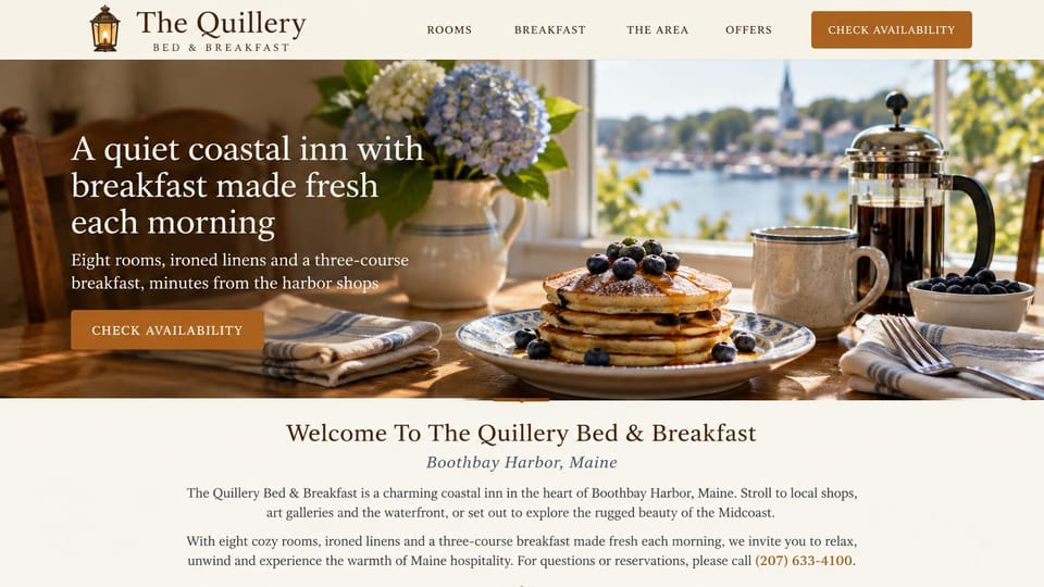 Bed and breakfast website design, coastal B&B that leads with breakfast: a stack of blueberry pancakes and coffee by a window over a harbor, white serif headline at left, copper button