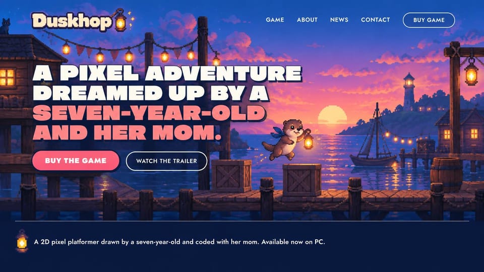 Gaming website design, pixel platformer made by a family: pixel art harbor at sunset with an otter holding a lantern, white and pink pixel headline, pink buy and outlined trailer buttons