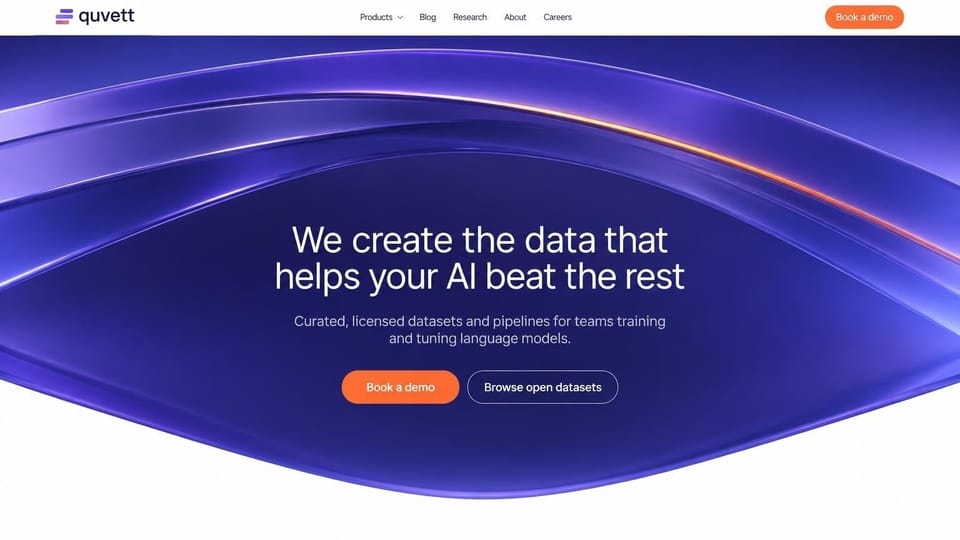 AI startup website design, aI training data in sweeping violet waves: deep indigo hero framed by glossy violet ribbons with one orange streak, white centered headline, an orange demo button beside an outlined datasets button, and a white top nav