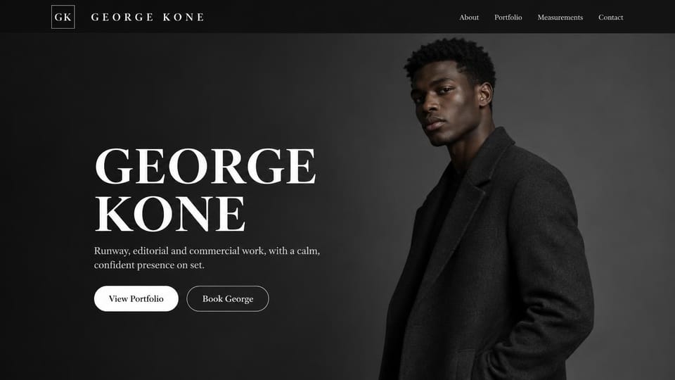 Model portfolio website design, male runway model in a dark studio: charcoal studio, huge white serif capitals, white and outlined pill buttons beside a man in a long dark coat