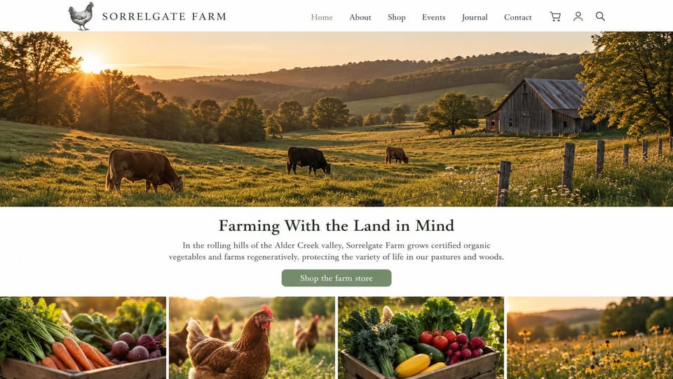 Farm website design, organic produce farm with a row of farm photos: white header with a hen logo, a sunset pasture with cows and a weathered barn, dark serif headline centered on white, sage shop button, four photos of vegetables, hens and wildflowers
