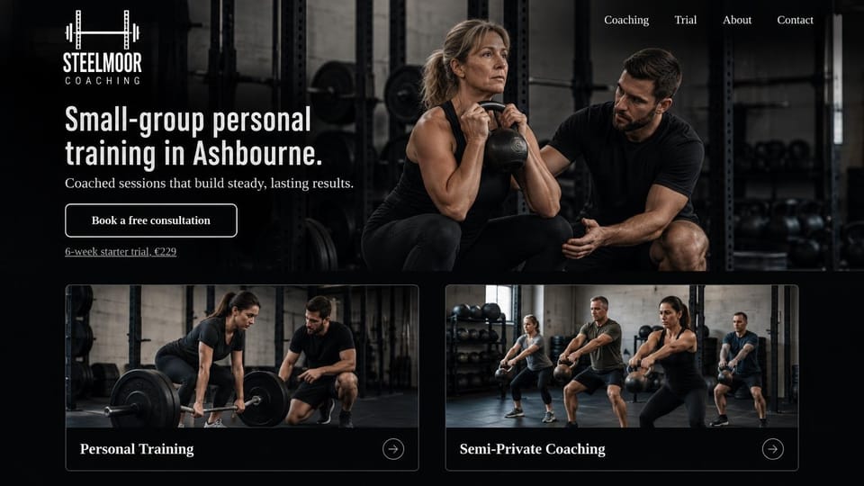 Personal trainer website design, semi-private gym sessions with a priced starter trial: black page, a condensed white headline over a dark gym photo of a coach and a woman holding a kettlebell, an outlined consultation button, two photo cards below