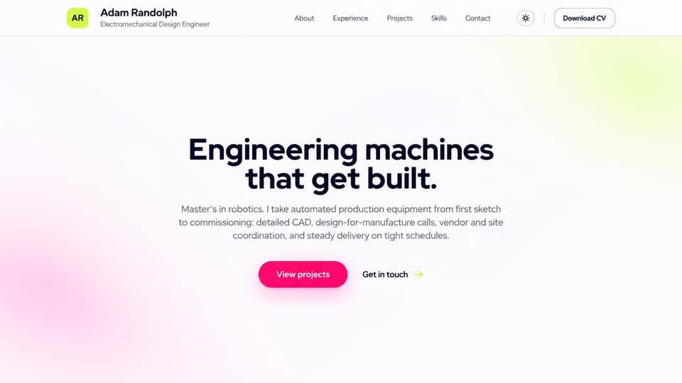 Engineering portfolio website design, automation engineer, type only: white page with soft pink and lime glows, a bold navy centered headline, a pink button and no images
