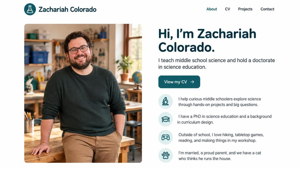 Resume website design, science teacher with a classroom photo and icon facts: white page, a deep teal hello, a teal view my CV button, a photo of a smiling bearded man in a science classroom and four aqua icon rows