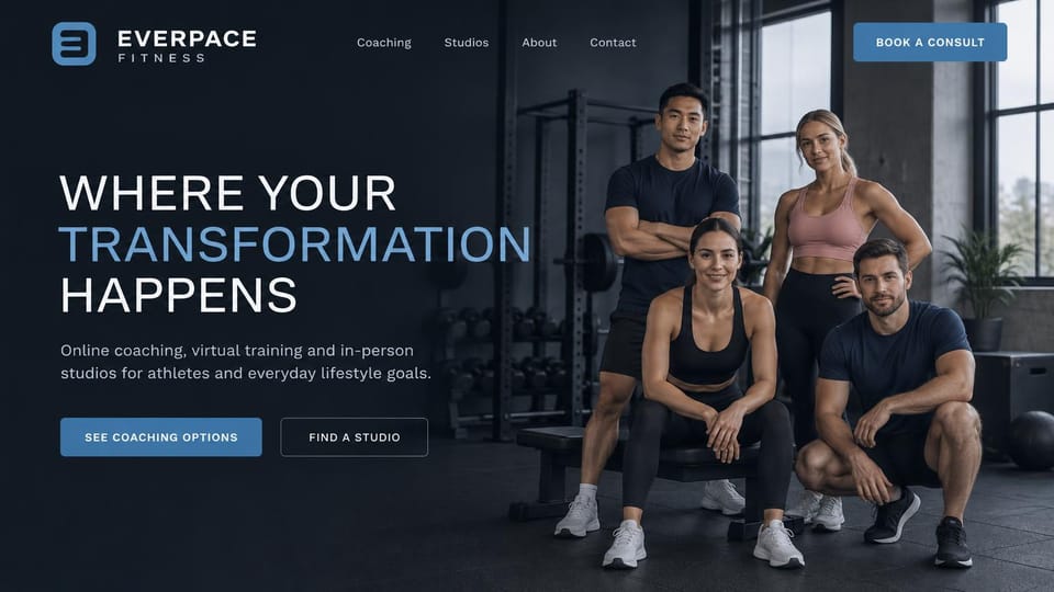 Personal trainer website design, training team with studios and online coaching: dark gym photo of four trainers posing together, a spaced white and blue headline, a blue coaching button and an outlined find a studio button