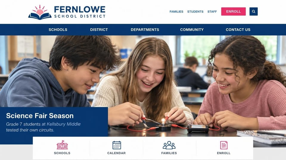 School website design, school district with a story panel and four quick tiles: white header, a blue menu bar, students testing circuits, a navy story panel and white tiles with pink and navy icons
