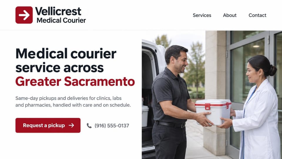 Logistics website design, clinic and pharmacy courier with a cooler handoff: white page, a bold black headline ending in red, a red pickup button beside a phone number, a driver in a dark polo handing a white and red cooler to a woman in a lab coat at a clinic door by an open van