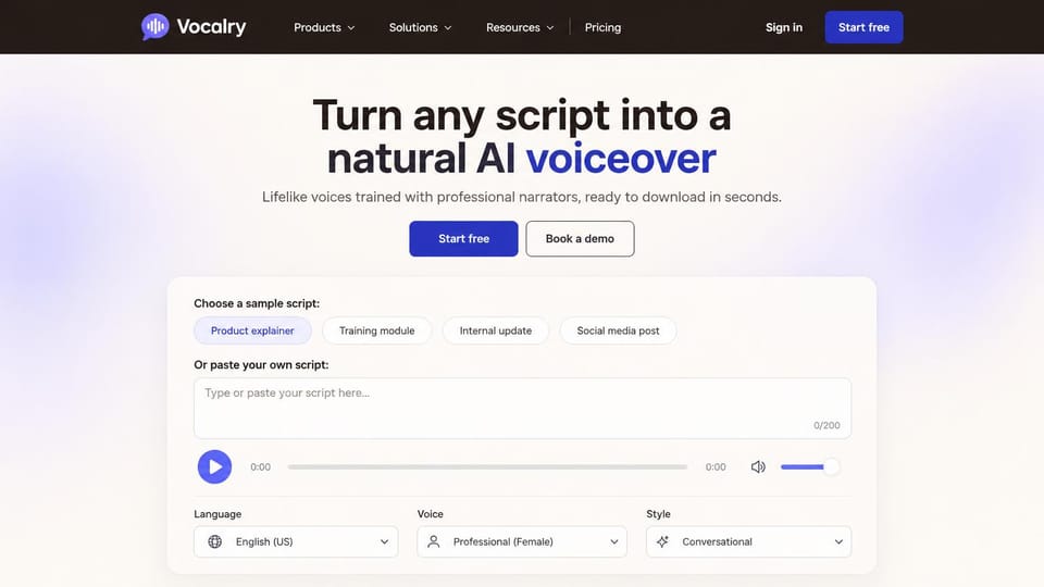 AI startup website design, aI voiceover with the script box on the page: dark brown nav over a soft lavender page, black and blue headline, a blue button and a voiceover panel with script chips