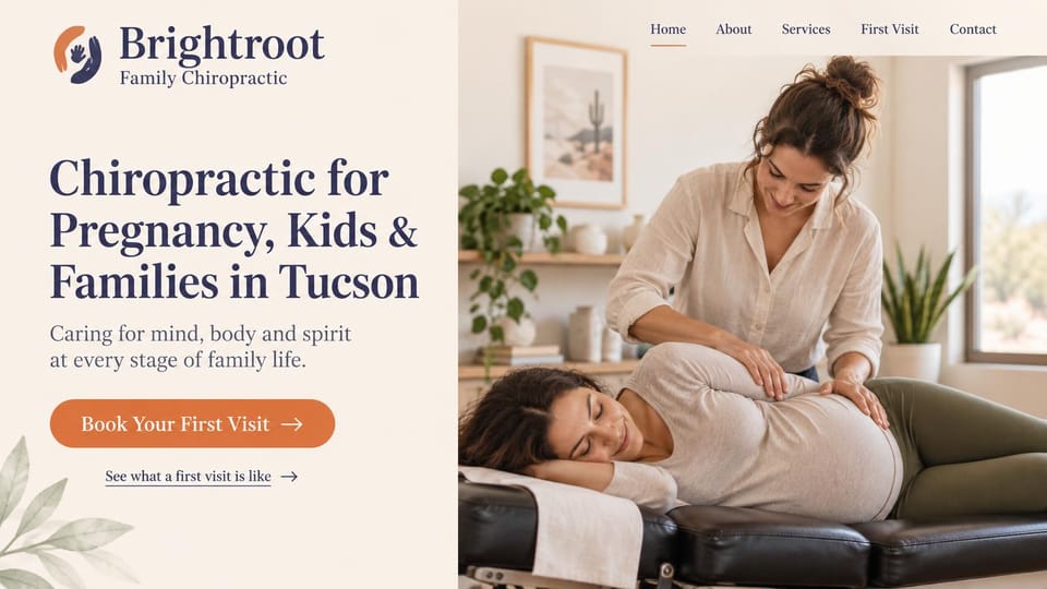 Chiropractor website design, family and prenatal chiropractic, soft and warm: cream page, a navy serif headline and orange button beside a chiropractor treating a pregnant woman lying on her side