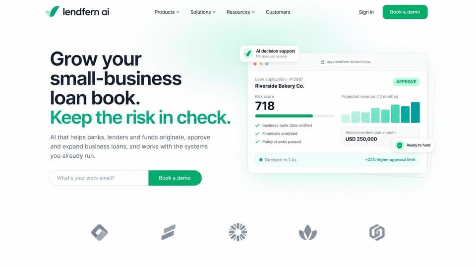 AI startup website design, business lending AI with a loan decision card: white page with a soft mint glow, heavy black headline ending in a green line, green demo buttons, a loan card with a risk score and green revenue bars, and a row of gray partner logos