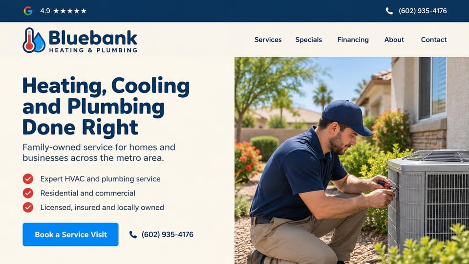 Contractor website design, heating and plumbing on a warm cream page: cream page, a navy headline, red check marks and a blue button beside a technician at an AC unit