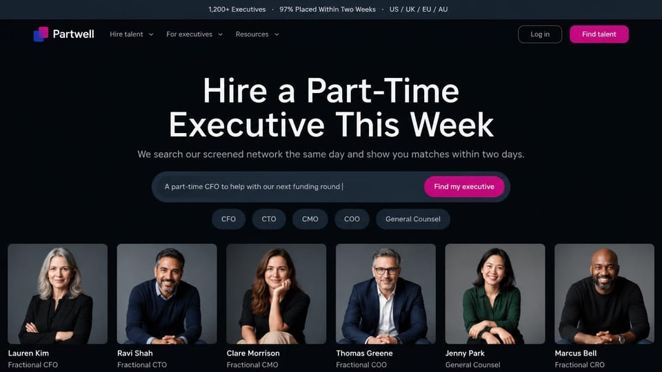 Recruiting website design, fractional executives with a role search: near-black page, a centered white headline, a search bar with a magenta button, role chips and six executive portraits