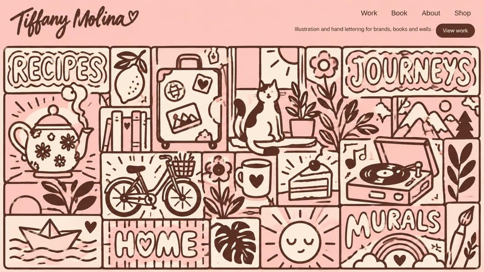 Portfolio website design, illustration and hand lettering, all drawn: blush pink page, a hand-drawn brown collage of lettered words and objects under a script name and a brown button