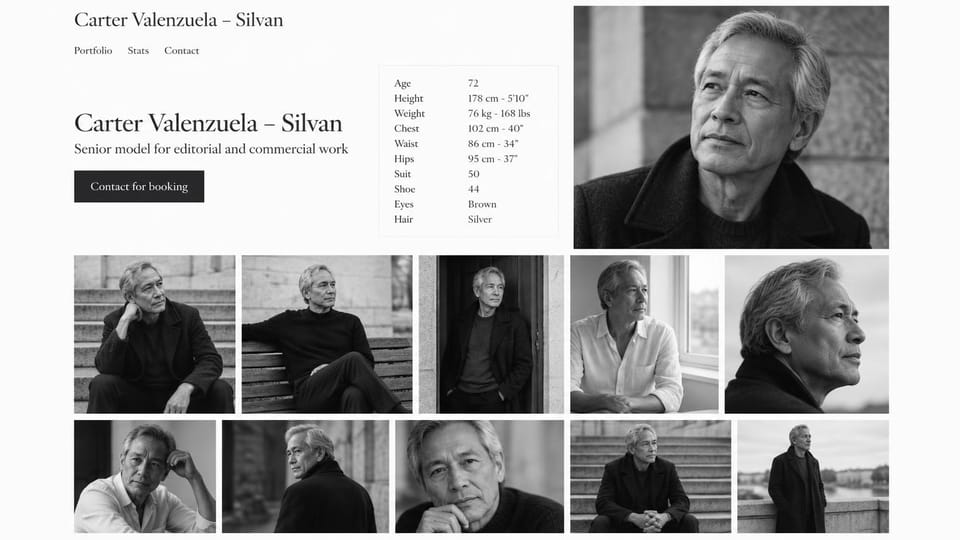 Model portfolio website design, senior male model with a black and white grid: white page, a dark serif name, a black booking button, a stats panel and a grid of black and white photos of a silver-haired man