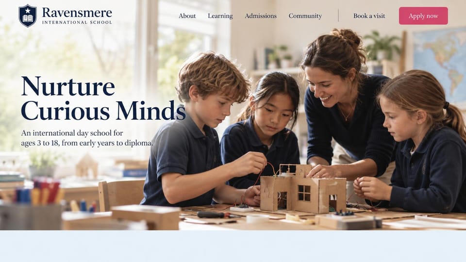 School website design, international school with a cardboard house build: bright classroom photo of children in navy polos wiring a cardboard house with a teacher, a navy serif headline, a pink apply button