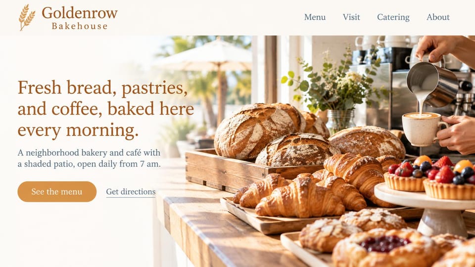 Bakery website design, neighborhood bakery cafe in morning sun: cream page with a brown serif headline beside a sunlit counter of loaves, croissants and fruit tarts and a latte being poured