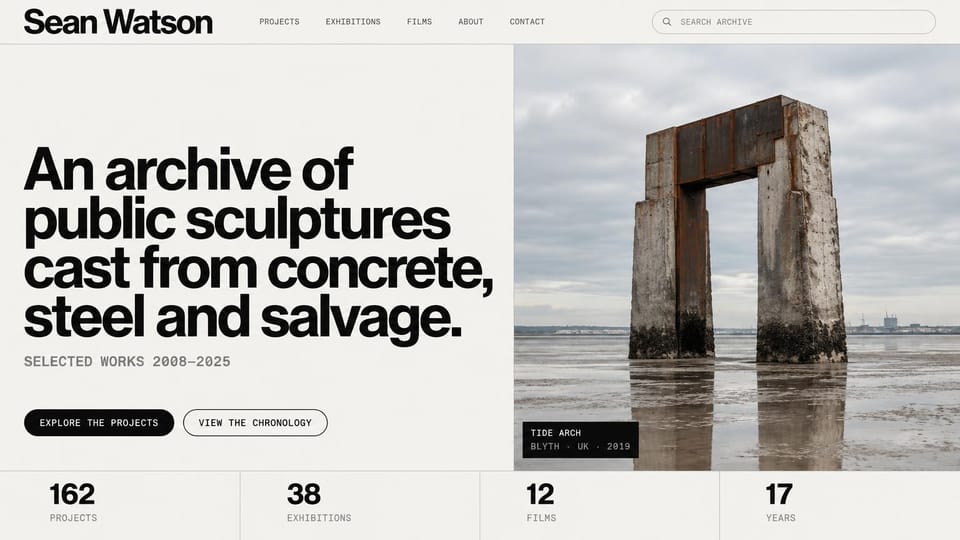 Artist website design, public sculpture as an archive: off-white page, a large black headline beside a concrete arch sculpture on a beach, totals along the bottom