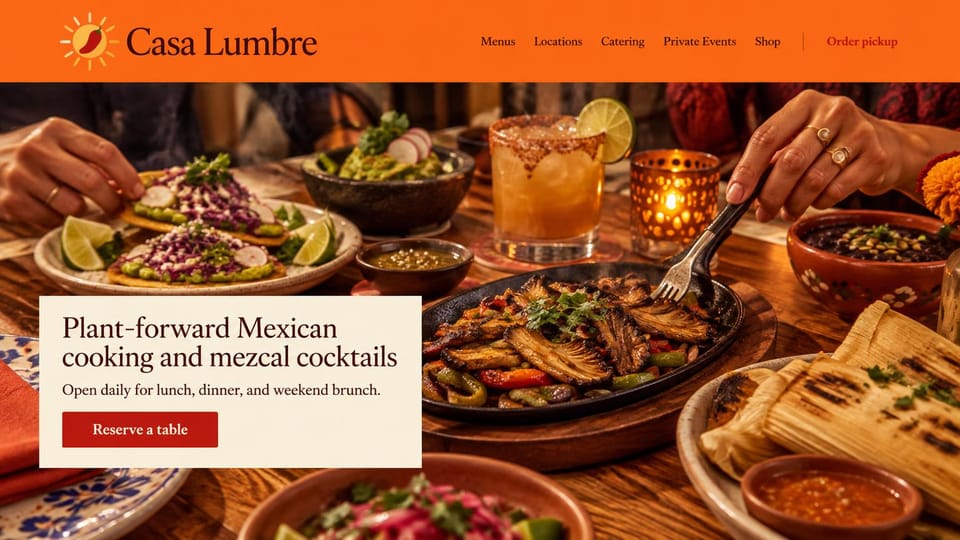 Restaurant website design, mexican kitchen and mezcal bar in orange: orange header, a table of Mexican dishes and cocktails with a cream reservation card at lower left