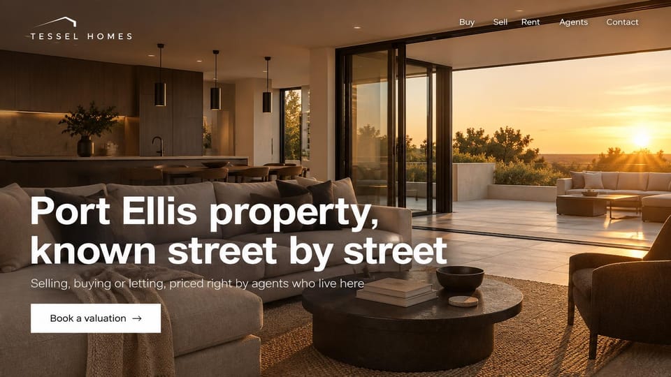 Real estate website design, sales and rentals, known street by street: a modern living room at sunset, a bold white sans headline and a white valuation button