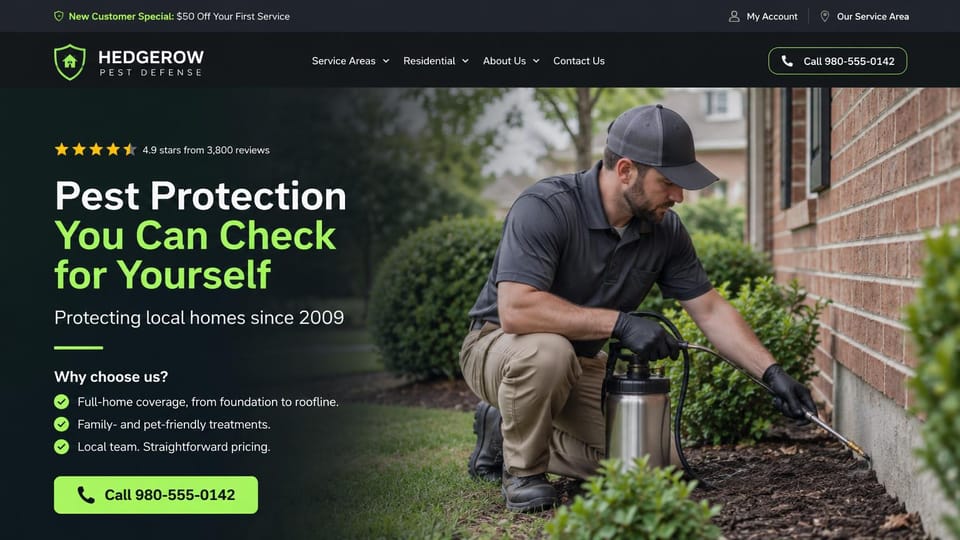 Pest control website design, whole-home pest protection with a checklist: dark photo of a technician spraying the foundation of a brick home, a white and bright green headline, a checklist and a green call button