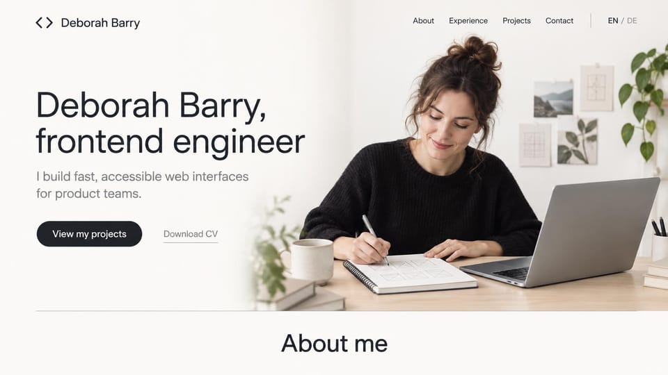 Developer portfolio website design, front-end engineer with a soft full-width photo: warm white page, a large charcoal name and role, a black projects button and a woman sketching wireframes at a desk beside a laptop
