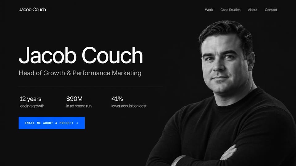 Resume website design, head of growth with three career numbers: near-black page, a large white name, a gray title, three white stats, a blue email button and a black and white portrait of a man with crossed arms