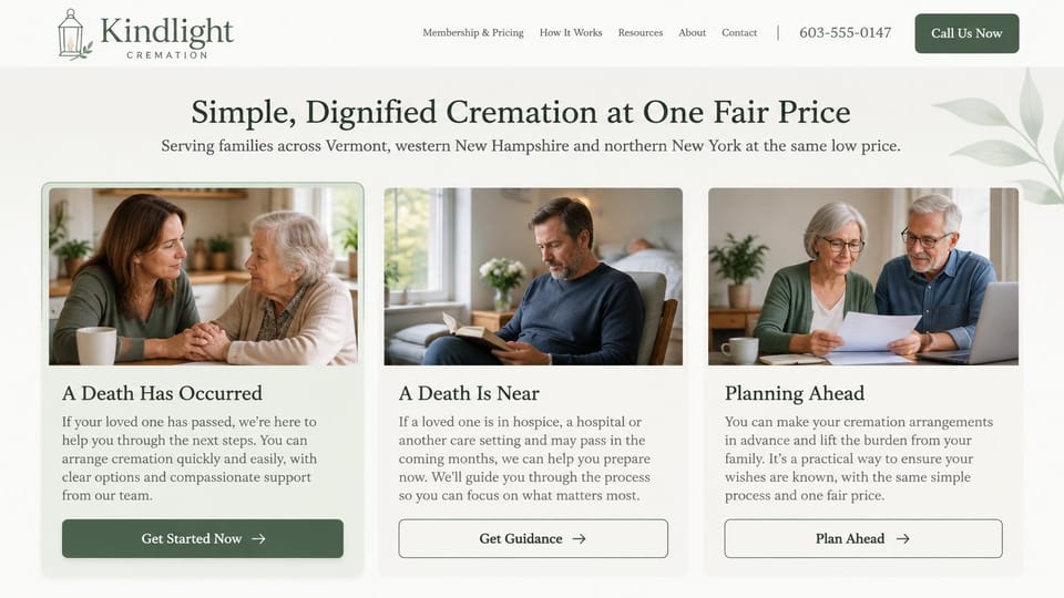 Funeral home website design, flat-price cremation with three paths: pale gray page, a centered serif headline, three cards with photos of families and a man reading, green and outlined buttons