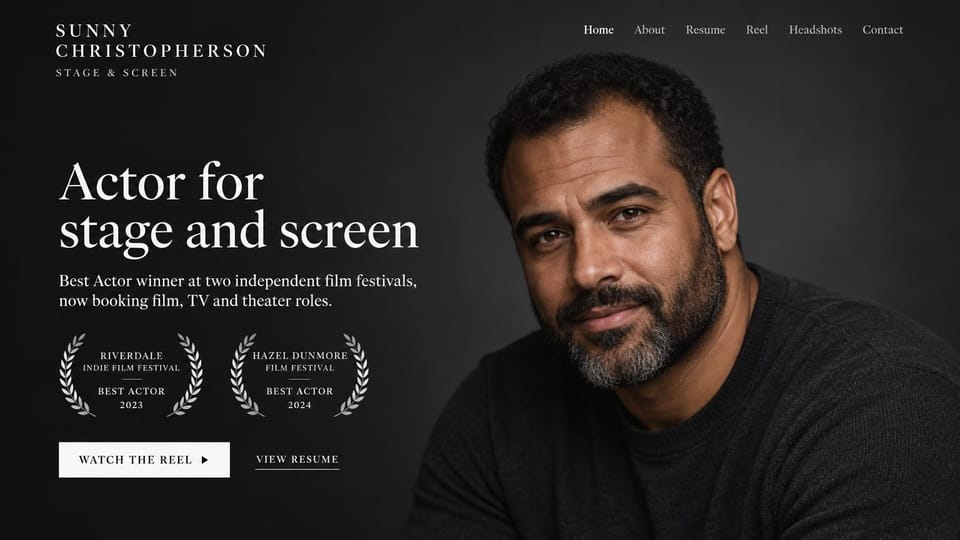 Actor website design, award-winning stage and screen actor with festival laurels: charcoal page, a spaced-out serif name, a large white serif headline, two silver laurel badges, a white reel button and an underlined resume link beside a moody portrait of a bearded man