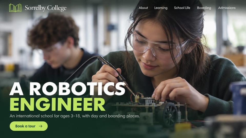 School website design, day and boarding school with a giant two-tone headline: a student in safety glasses soldering a robot, huge white and lime capitals over a dark green fade and a lime tour button