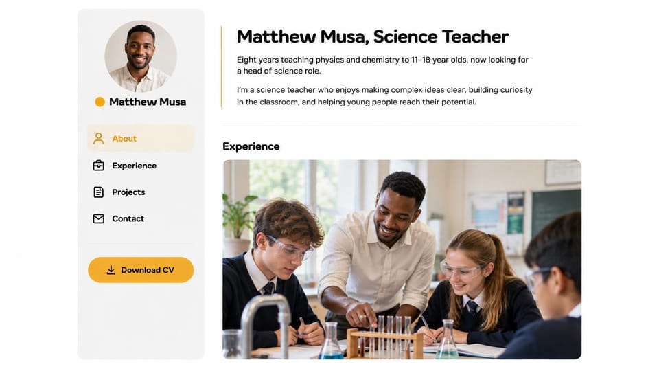 Resume website design, science teacher with a side menu and a lab lesson photo: white page, a pale gray side card with a round portrait of a smiling man, yellow accents and a yellow download CV button, a black headline and a teacher helping students at a lab bench